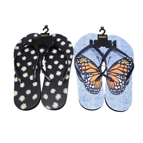 Mixit Shoes - Lot Of 2 Pairs Mixit Flip Flops Womens 11/12 Blue Butterfly Black Daisy Sandals